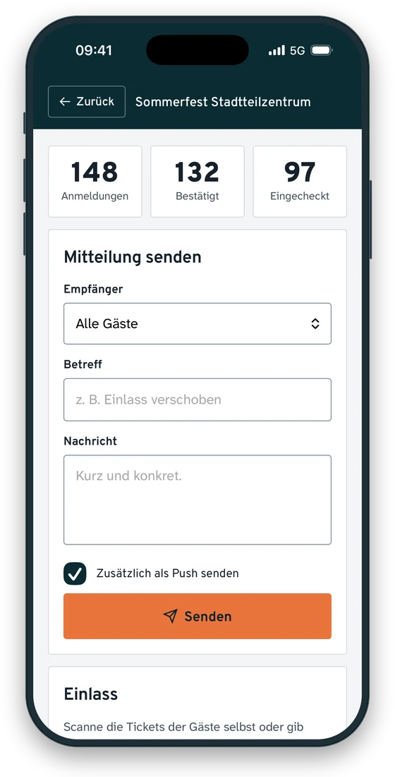 Die App zeigt Live-Zahlen und das Formular für eine Mitteilung an alle Gäste